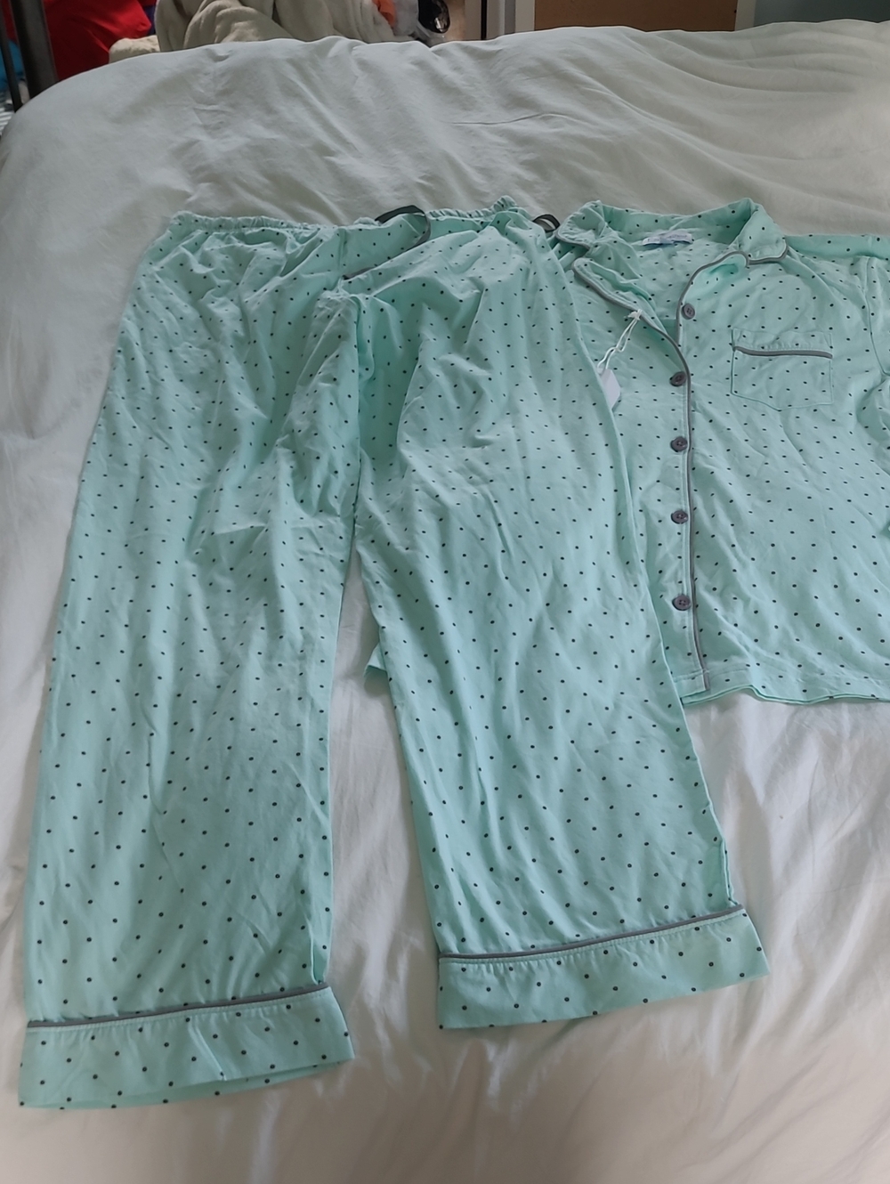 NWT Pajamagram Pajama Set Pale Blue With Grat Dot, Med, Small Flaws